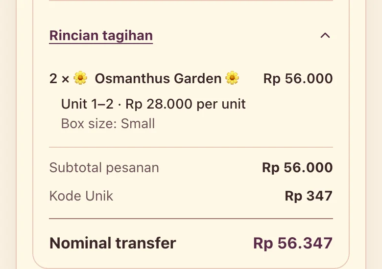 Rincian tagihan: subtotal Rp 56.000, Kode Unik Rp 347, transfer amount Rp 56.347.