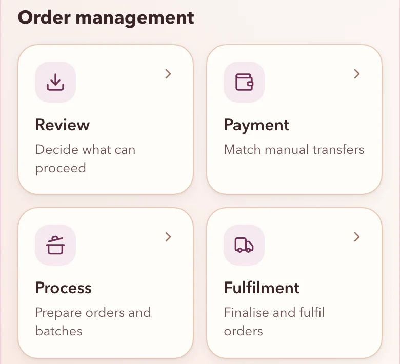 Torafu seller app home, Order management: Review, decide what can proceed; Payment, match manual transfers; Process, prepare orders and batches; Fulfilment, finalise and fulfil orders.