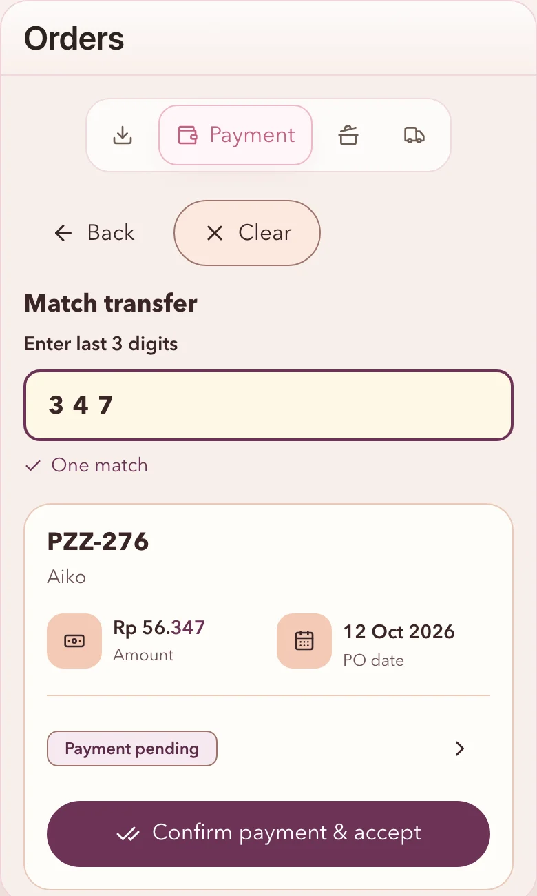 Torafu seller app, Payment tab: Match transfer with 347 entered finds one match, order PZZ-276 from Aiko, Rp 56.347, payment pending, with Confirm payment & accept.
