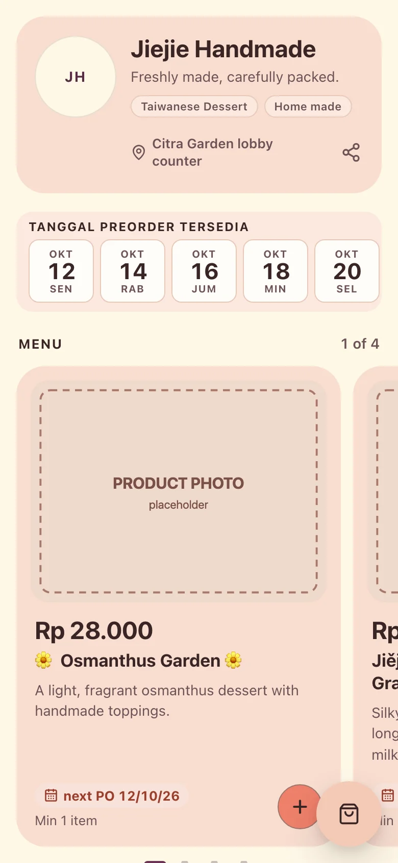 A Torafu storefront showing the seller, available preorder dates and the start of the menu.