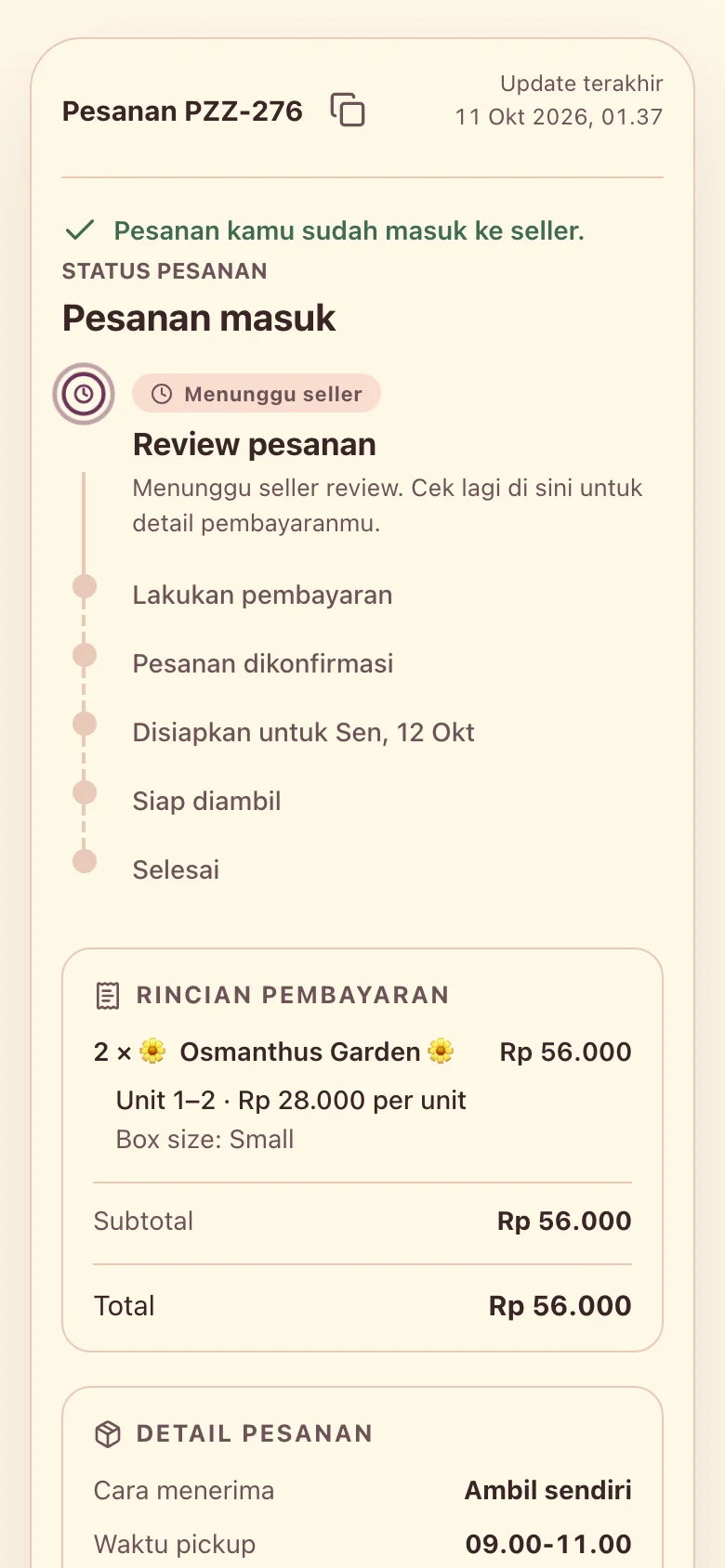 Order PZZ-276 received by the seller and waiting for seller review.