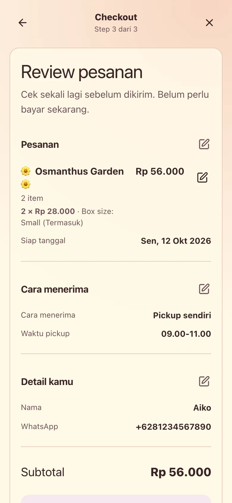 Checkout review showing two Osmanthus Garden, ready date, pickup time and buyer details.