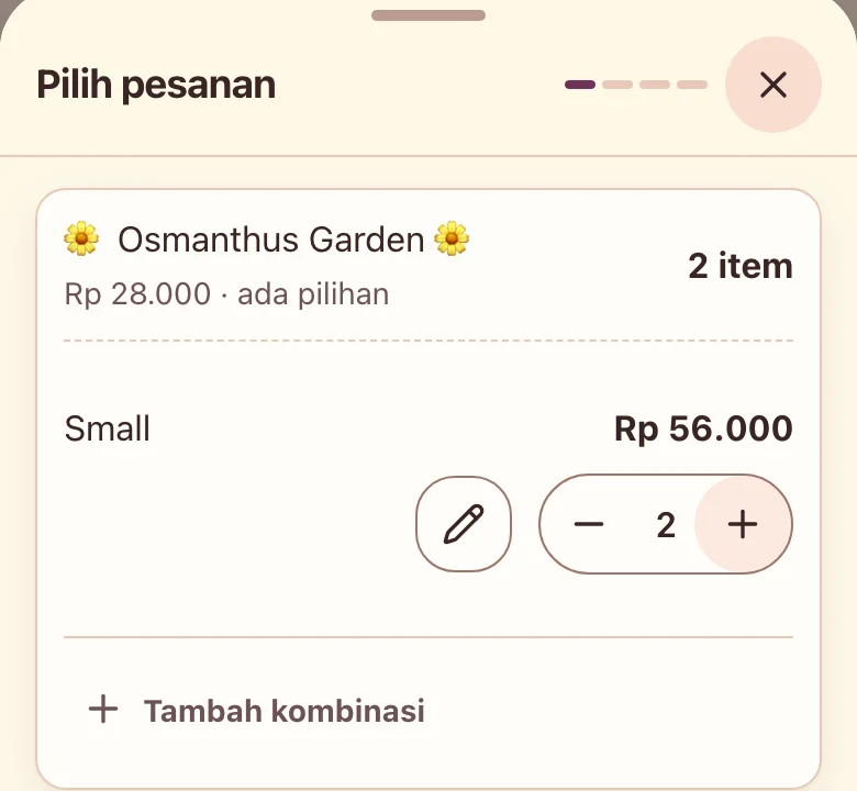 Storefront WhatsApp order sheet: Osmanthus Garden, Small, quantity 2, Rp 56.000.